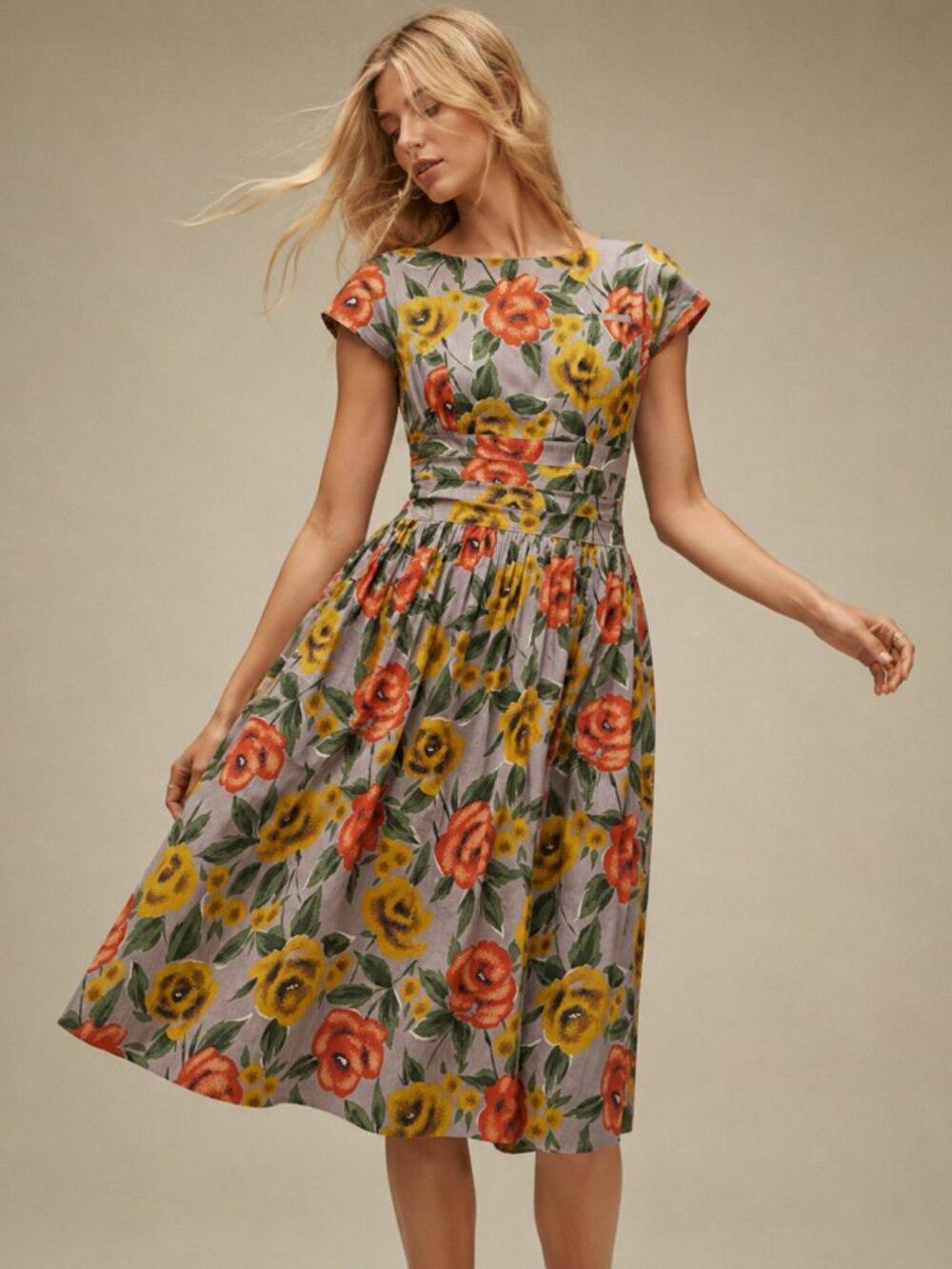 Vintage Cotton Poplin Dress Full Button Back Lined Brunch Floral Romantic